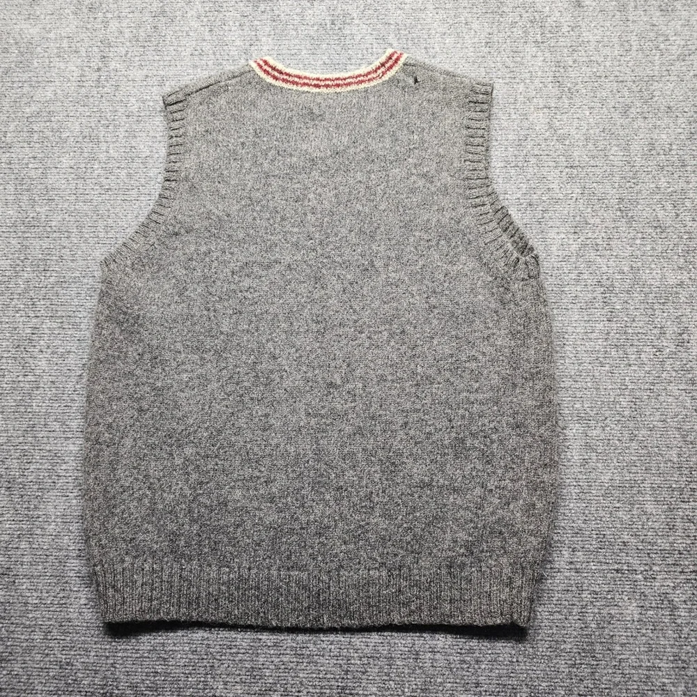 J.Crew Mens Small 100% Shetland Wool V-Neck Sweater Vest Grey Red Stripe Trim